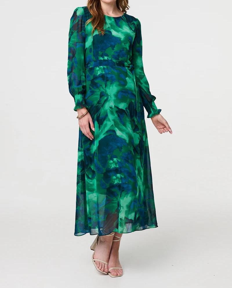 Green Printed Long Sleeve Dress