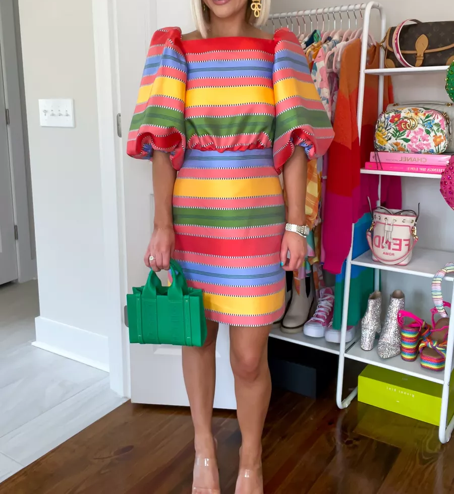 Bright Colorful Stripe Puff Sleeve Square Neckline Mini Dress