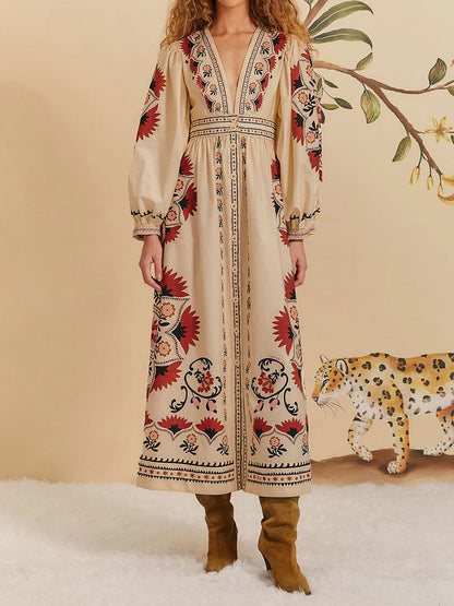 Placement Print Deep V Neck Maxi Dress