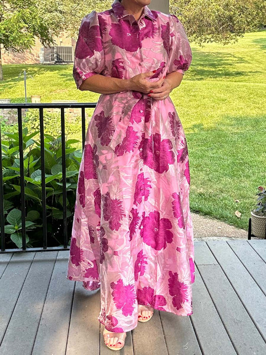 Elegant Printed Short Sleeve Belted Dress