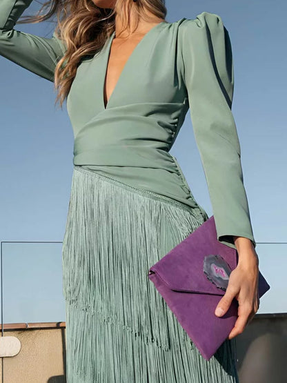 Deep V Neck Tassel Hem Dress