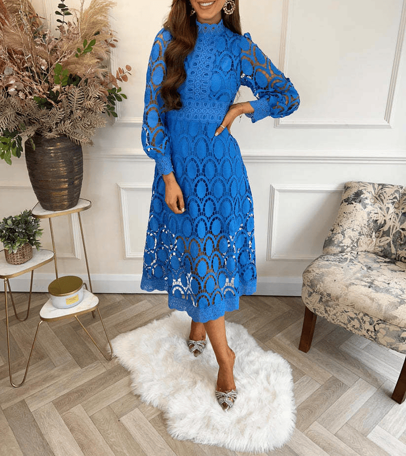 Multi-color Cutout Stand-up Neck Bubble Sleeve Long Dresses