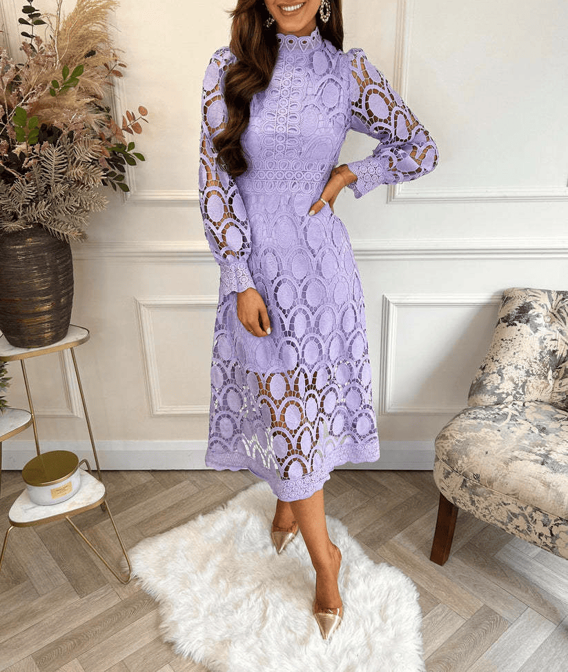 Multi-color Cutout Stand-up Neck Bubble Sleeve Long Dresses