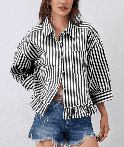 Striped Ruffle Peplum Collared Shirt