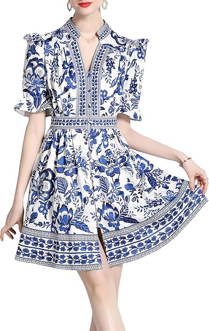 Puff Sleeve V-Neck Floral Split  Mini Dress