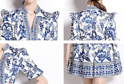 Puff Sleeve V-Neck Floral Split  Mini Dress