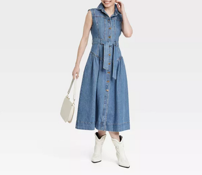 Tie-Waist Midi A-Line Denim Dress