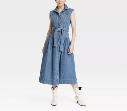 Tie-Waist Midi A-Line Denim Dress