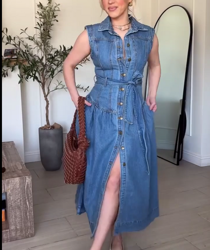 Tie-Waist Midi A-Line Denim Dress