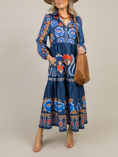 Printed Button Midi Dress