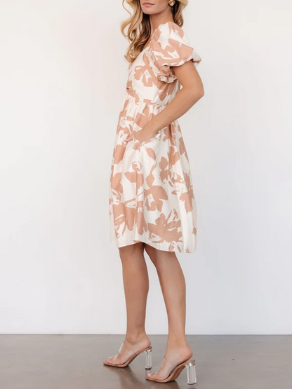 Printed Bubble Sleeve Midi Dress