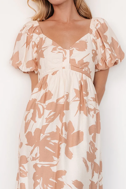Printed Bubble Sleeve Midi Dress