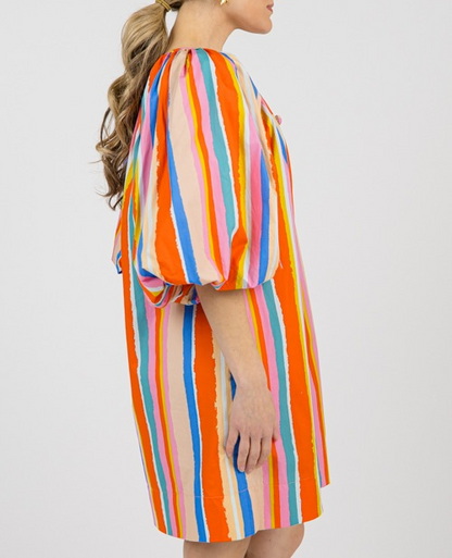 Simple Multicolor Striped Bubble Sleeve Dress