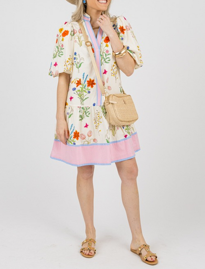 Simple Printed Bubble Sleeve Dress