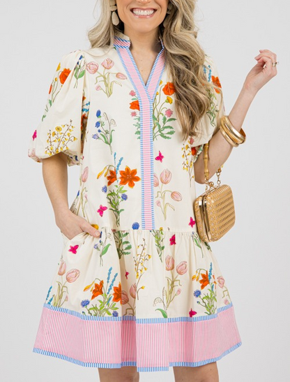Simple Printed Bubble Sleeve Dress