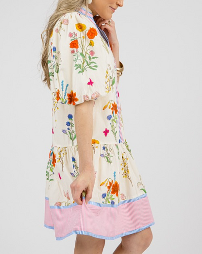 Simple Printed Bubble Sleeve Dress