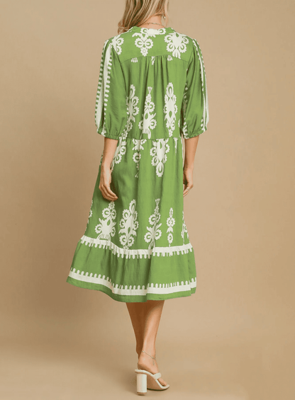 Printed Notched Midi Dress