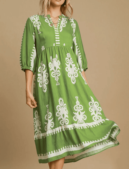 Printed Notched Midi Dress