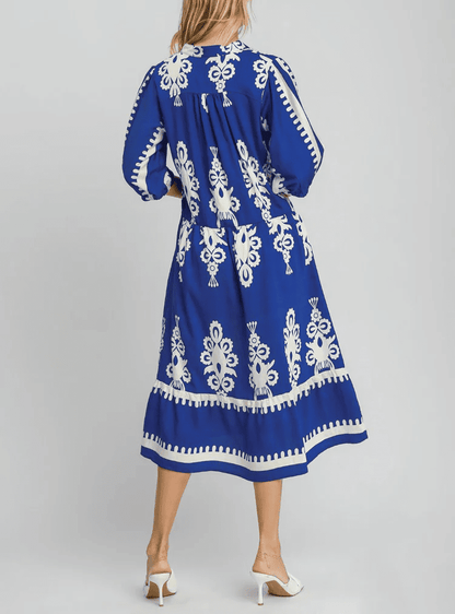 Printed Notched Midi Dress