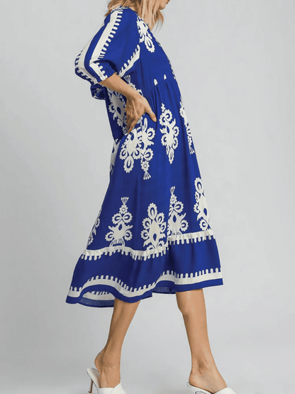 Printed Notched Midi Dress