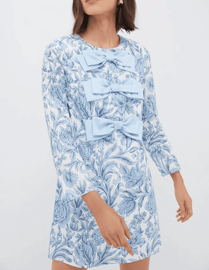 Blue Printed Bowknot Midi Dress