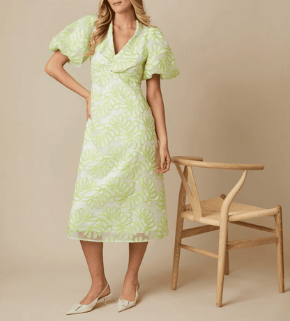 Printed Bubble Sleeve Puffy Front Knot Dress