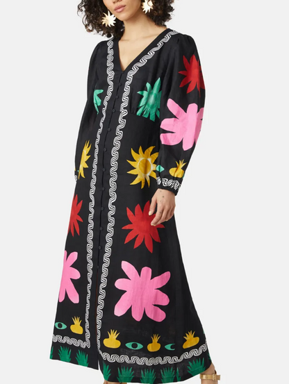 V-Neck Abstract Pattern Midi Dress