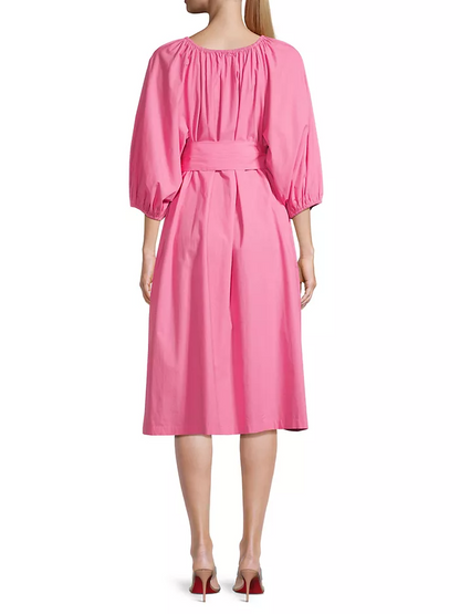 Simple Lace Up Puffy Sleeve Midi Dress