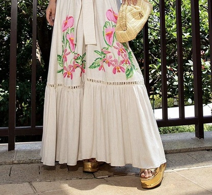Lapel Tie Printed Loose Maxi Dress