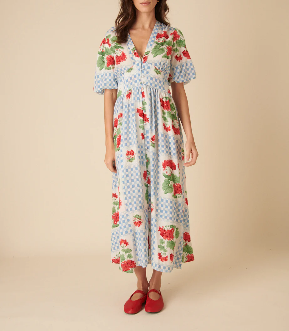 Blue Tile Print Floral Starlight Midi Dress