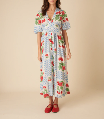 Blue Tile Print Floral Starlight Midi Dress