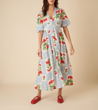 Blue Tile Print Floral Starlight Midi Dress