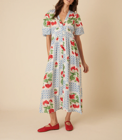 Blue Tile Print Floral Starlight Midi Dress