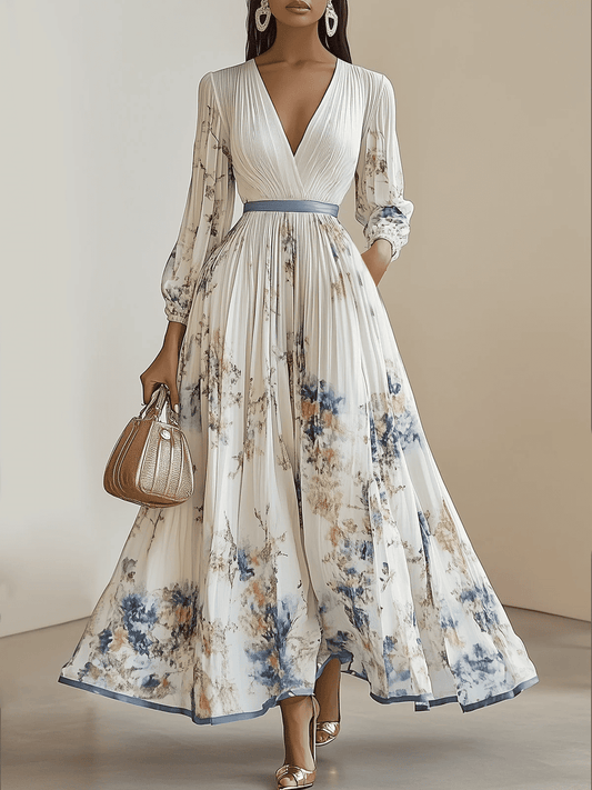 V-neck Long Sleeve Pressure Pleat Dress