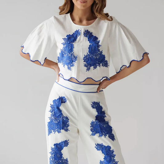 Blue Printed Top and Pants Two Piece Set