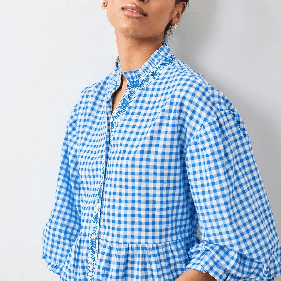 Printed Gingham Dress in Blue