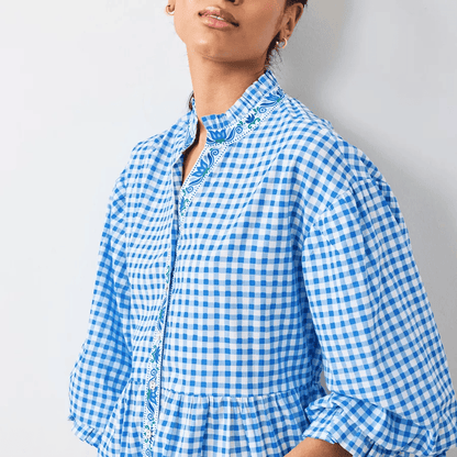 Printed Gingham Dress in Blue