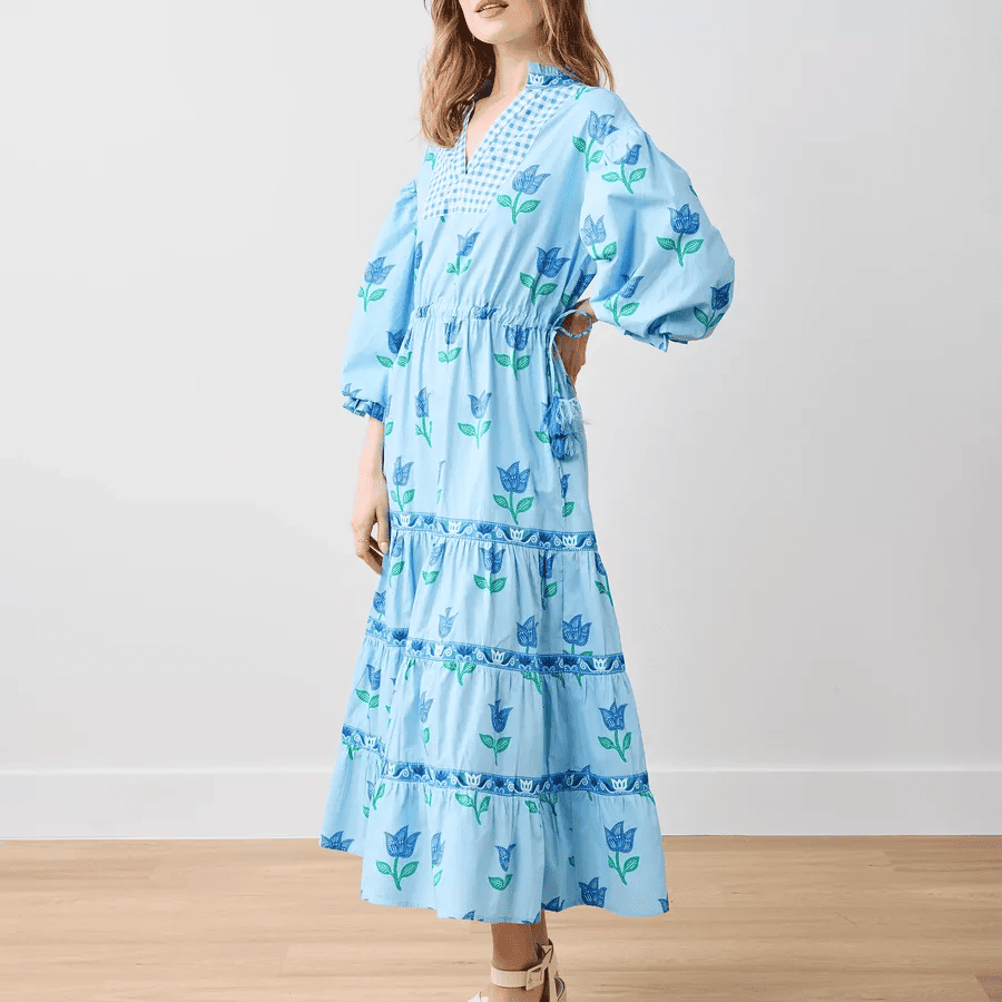 Printed Gingham Dress in Blue