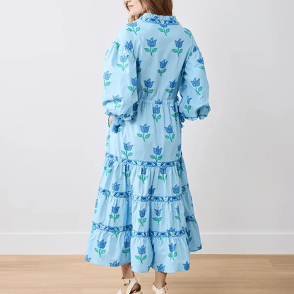 Printed Gingham Dress in Blue