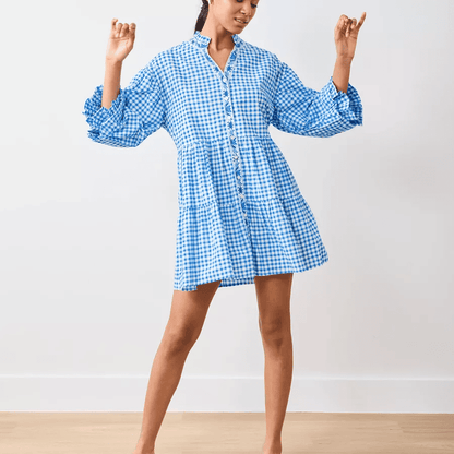 Printed Gingham Dress in Blue