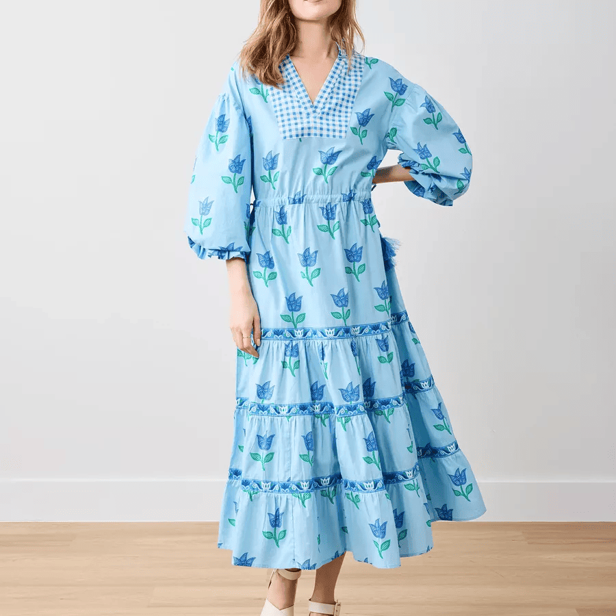 Printed Gingham Dress in Blue