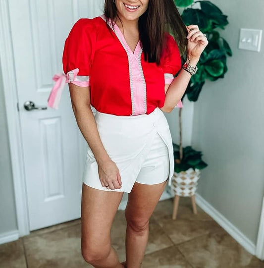 Red and Pink V-Neck Bow Top