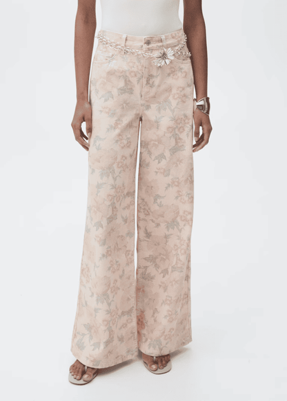 Pale Pink Floral-Print Wideleg Jeans