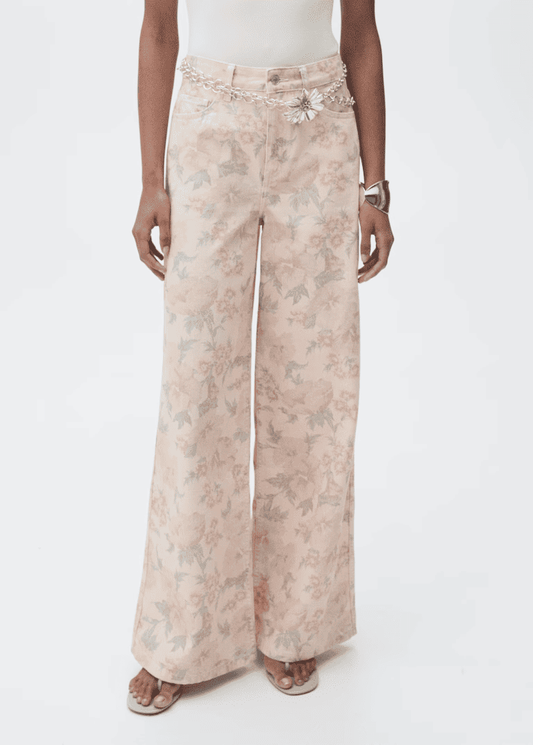 Pale Pink Floral-Print Wideleg Jeans
