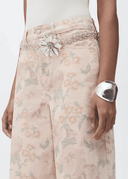 Pale Pink Floral-Print Wideleg Jeans