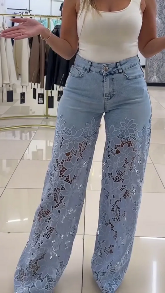 Women's Hollow Lace Wide Leg Jeans
