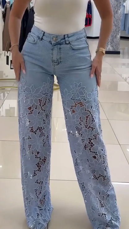 Women's Hollow Lace Wide Leg Jeans