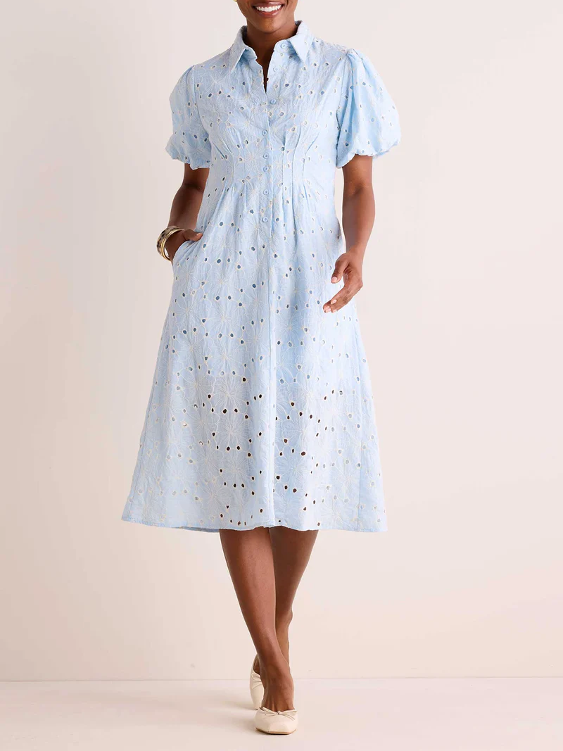 Bubble Sleeve Floral Cutout Waist Dress