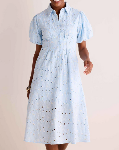 Bubble Sleeve Floral Cutout Waist Dress