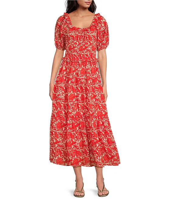 Floral Print Scoop Neck Short Puff Sleeve Midi Dress